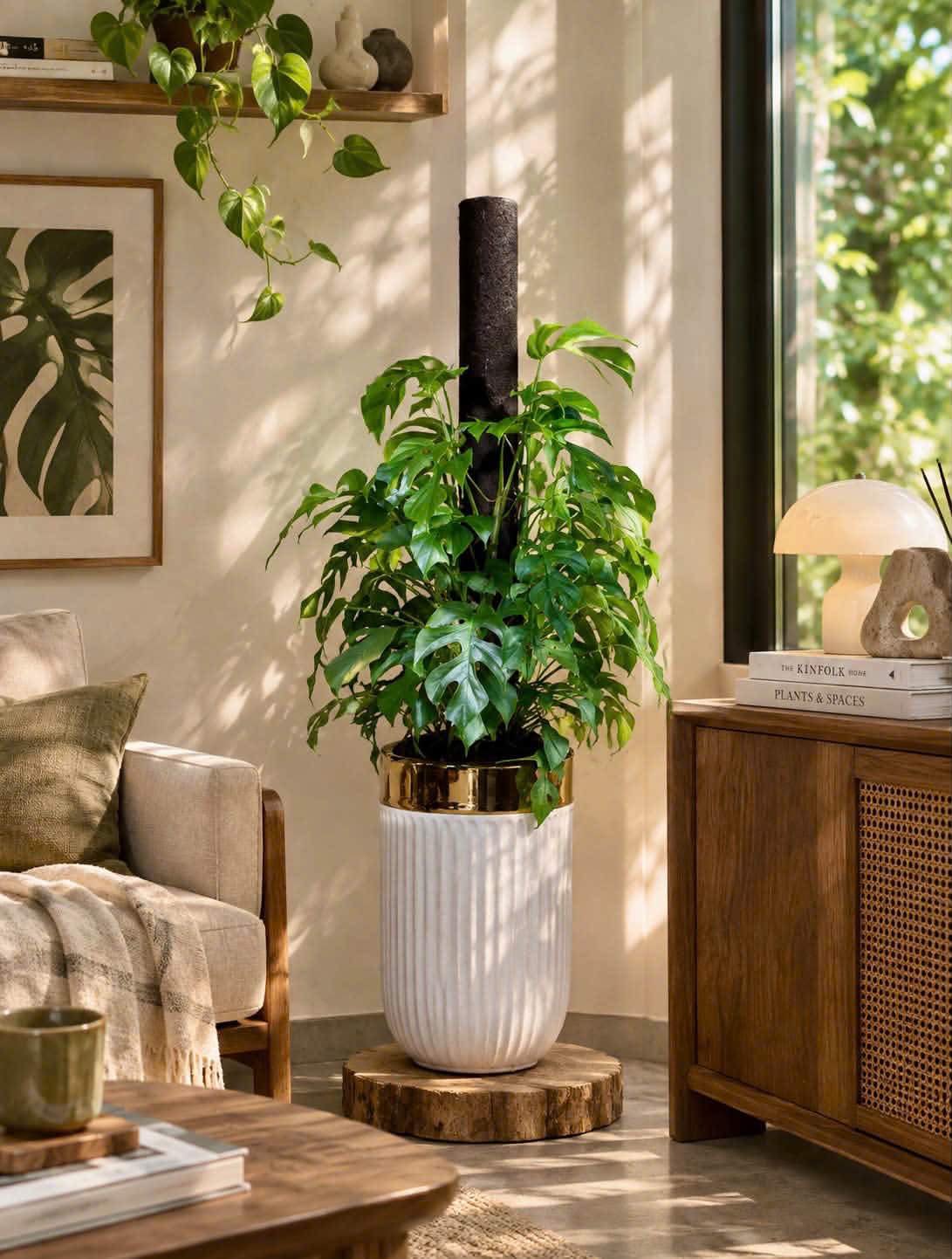 Cây kiểng lá Monstera Mini Rhaphidophora Tetrasperma lá xẻ leo trụ xơ dừa phối chậu gốm gân sọc màu trắng viền đen